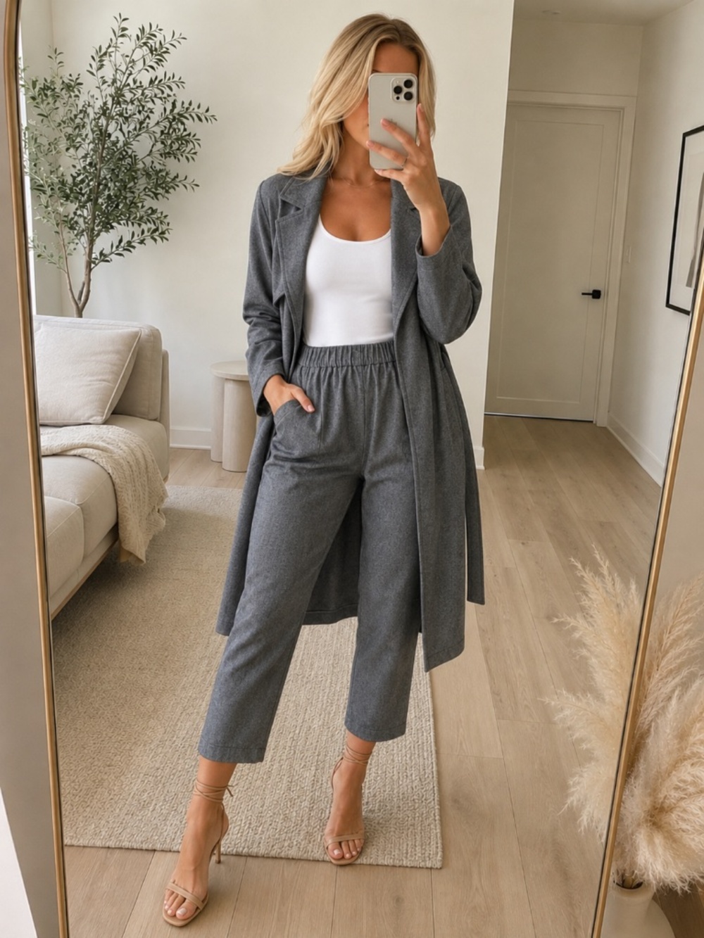 NWT Charcoal Belted Coat Pants Set Large